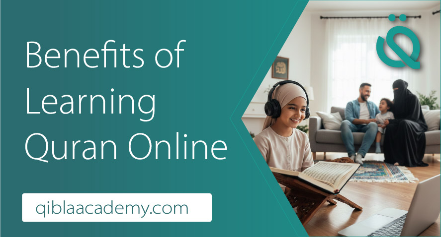 A young girl wearing a hijab and headphones during her sessions to learn Quran online for kids with Qibla Academy.