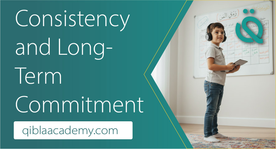 A young boy with headphones using a tablet to learn Quran online, showing consistency and long-term commitment with Qibla Academy.