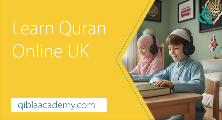 A professional Muslim man with a grey beard wearing headphones and using a laptop for online Quran classes at home.