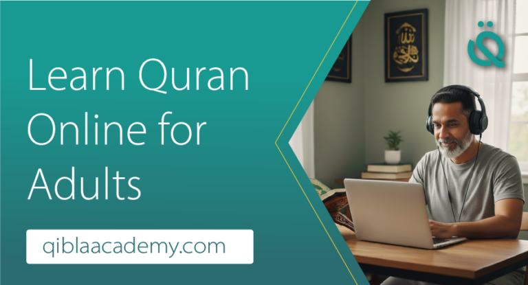 A young Muslim girl wearing a pink hijab and headphones learning Quran online via laptop with Qibla Academy tutors."