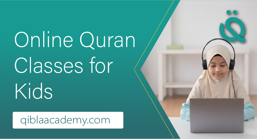 A young Muslim girl wearing a beige hijab and headphones, smiling while attending Online Quran Classes for Kids on a laptop via Qibla Academy.