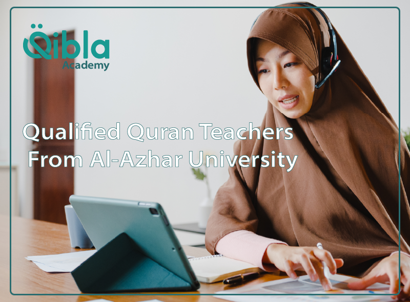 A professional female Quran teacher wearing a hijab and headset, conducting an online lesson via tablet for Qibla Academy.