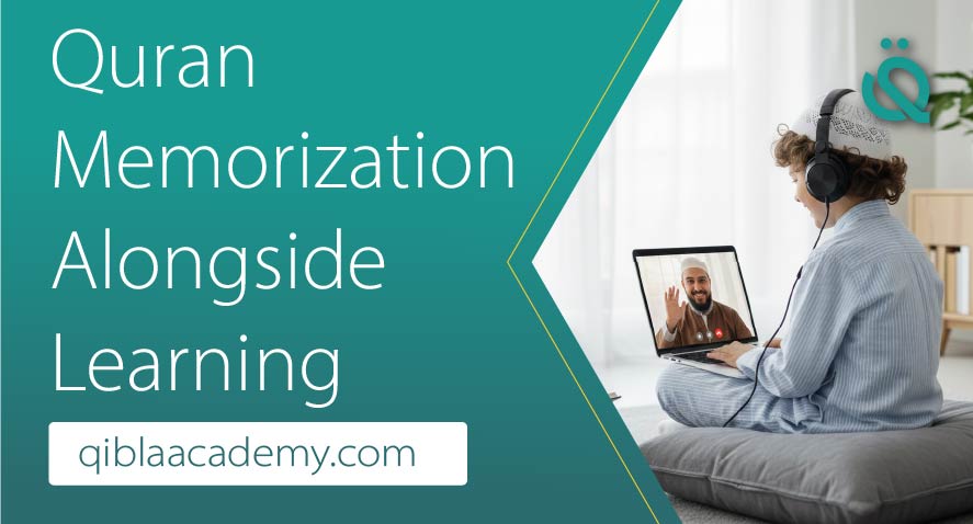 A happy student with headphones using a laptop to learn reading Quran online with confidence during a live session with Qibla Academy.