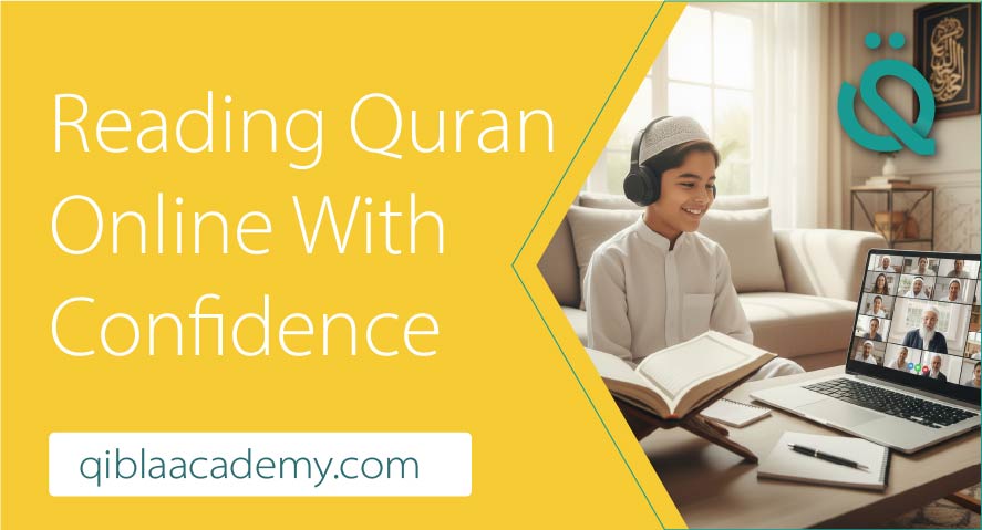 A young boy smiling while reading Quran online with confidence during a live video session with Qibla Academy tutors.