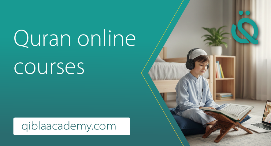 A young Muslim girl wearing headphones and a prayer cap, smiling during an online Quran course on a laptop with a male tutor from Qibla Academy.