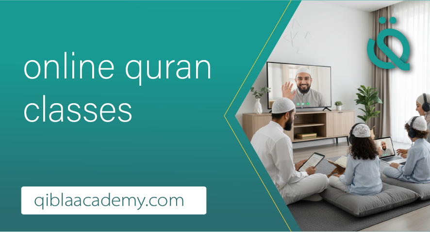 A Muslim family in a modern living room participating in Online Quran Classes with a professional male tutor via a large TV screen and laptops, featuring the Qibla Academy logo and website.