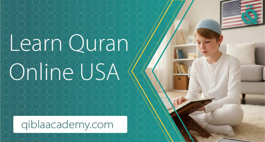 Muslim boy learning Quran online at home in the USA with QIBLA ACADEMY.