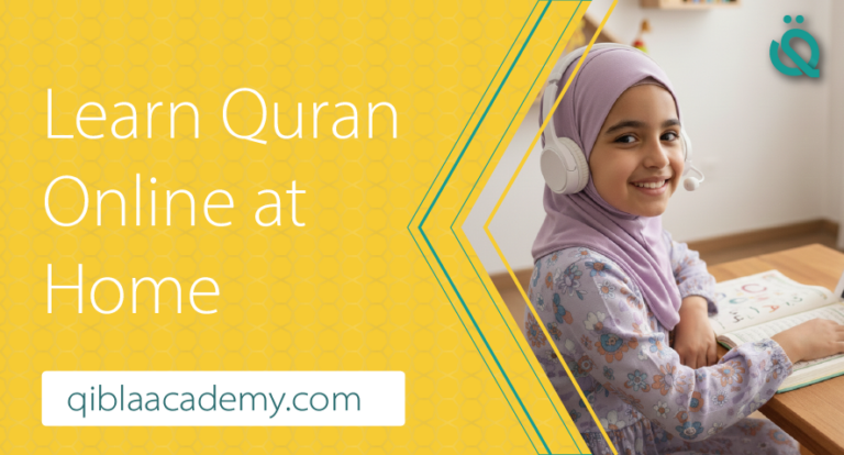 A young girl wearing a hijab and headphones, smiling while learning Quran online at home with Qibla Academy.
