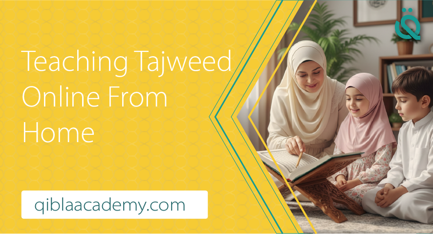A Muslim mother sitting with her son and daughter, pointing at verses in the Quran to teach them Tajweed at home.