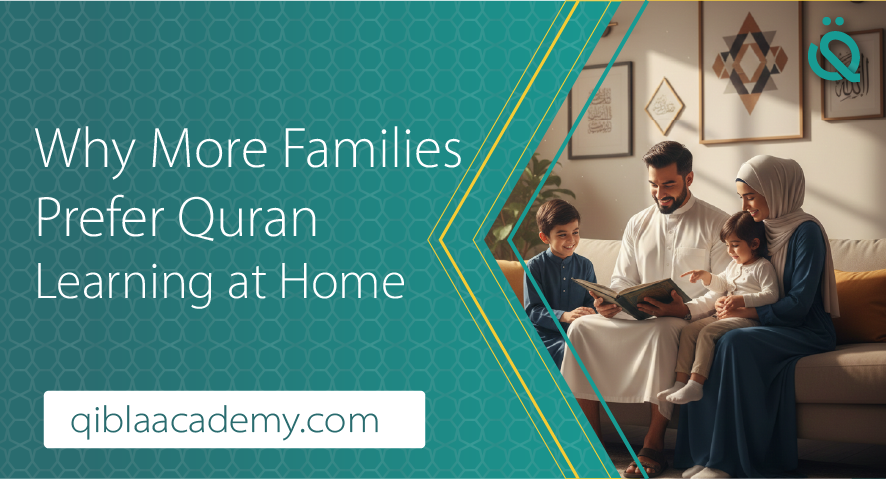 A Muslim family sitting together on a sofa, reading Quran at home, illustrating the growth of home-based Quranic education.