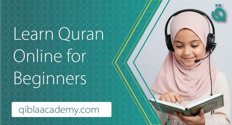 A young girl wearing a pink hijab and headphones reading the Holy Quran during an online class for beginners.