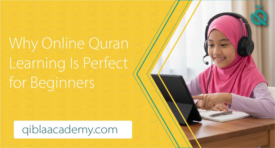 A young girl wearing a light pink hijab and headphones reading the Holy Quran, representing Learn Quran Online for Beginners program.