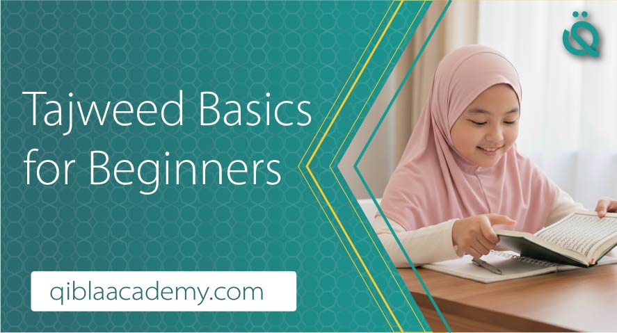 A young girl wearing a light pink hijab and headphones, smiling while reading the Holy Quran, representing the Learn Quran Online for Beginners course.