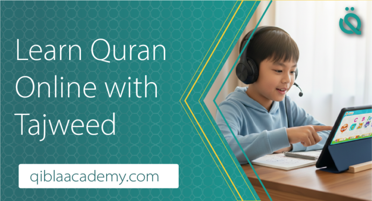 A young boy wearing black headphones, interacting with a tablet displaying a colorful educational game for learning Tajweed and Arabic letters.