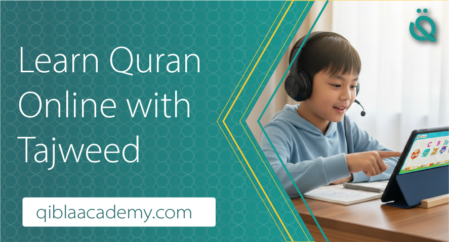 A young boy wearing black headphones, interacting with a tablet displaying a colorful educational game for learning Tajweed and Arabic letters.