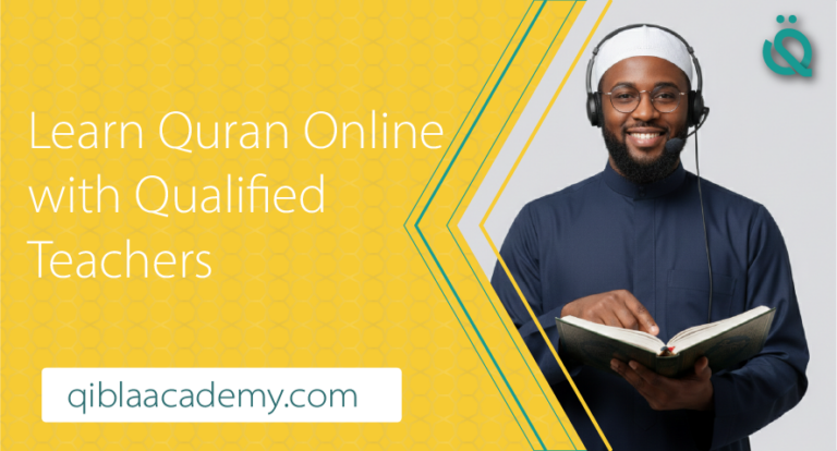 An advertisement for an online Quran academy featuring a smiling male teacher wearing a white kufi and a headset, holding an open Quran. The background is bright yellow with a geometric honeycomb pattern, and the text reads "Learn Quran Online with Qualified Teachers" alongside the website qiblaacademy.com.