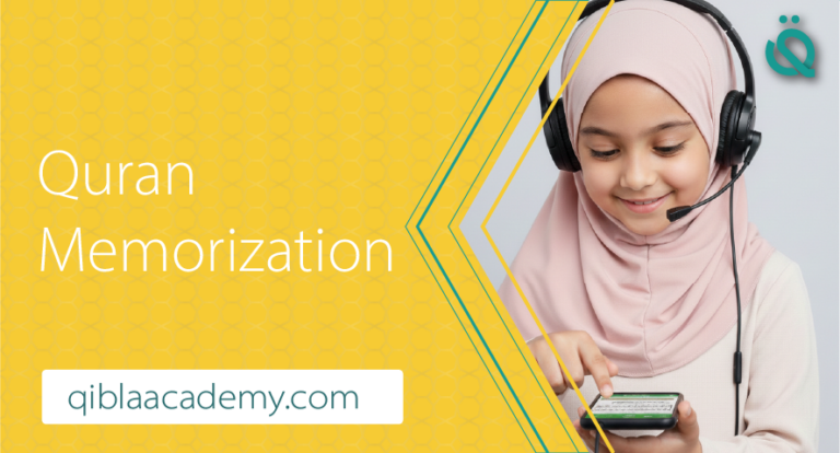 Young girl wearing a hijab and headset memorizing the Quran on a smartphone, with the text “Quran Memorization” and the website qiblaacademy.com.