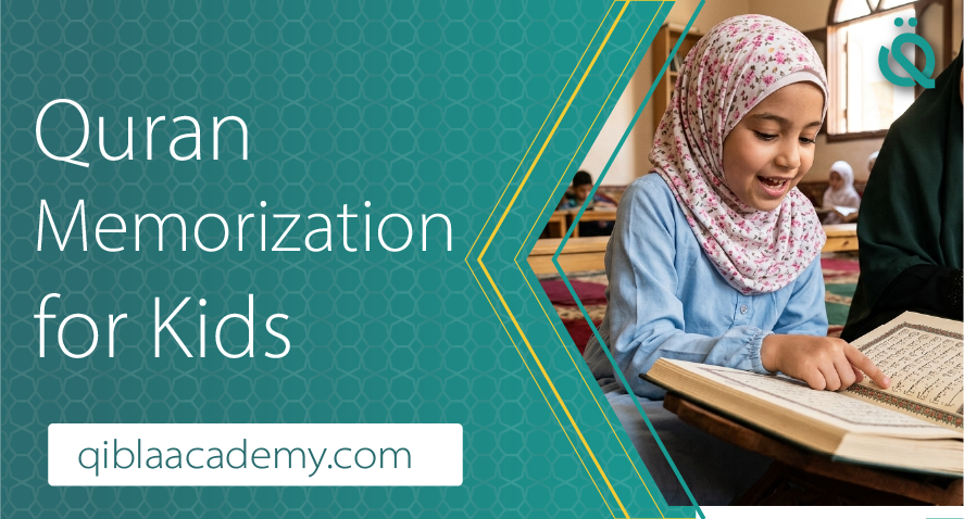 Young girl wearing a hijab reading and memorizing the Quran in a classroom, with the text “Quran Memorization for Kids” and the website qiblaacademy.com.