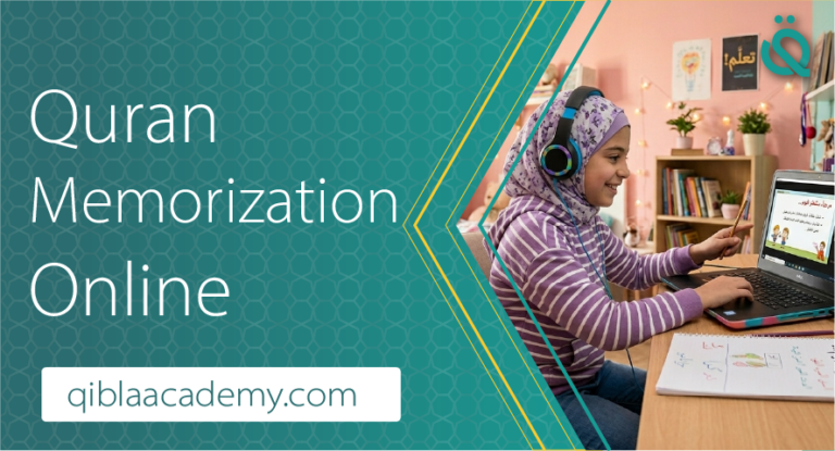 Young girl wearing a hijab and headphones learning Quran memorization online on a laptop, with the text “Quran Memorization Online” and the website qiblaacademy.com.
