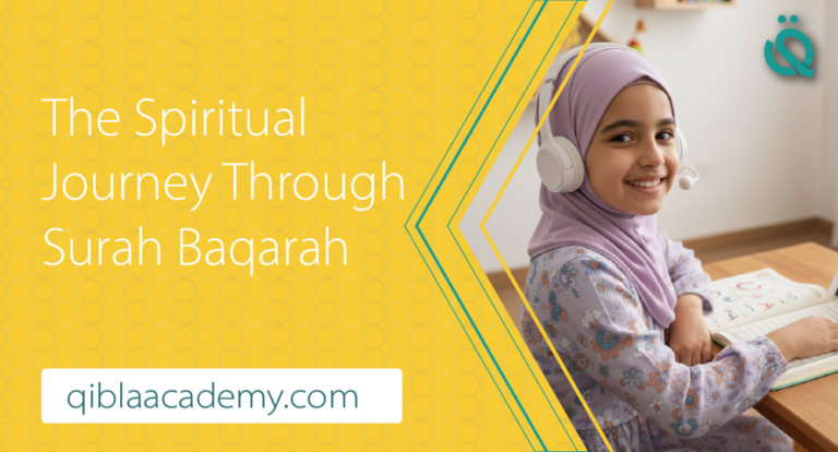 Smiling young girl wearing a hijab and headset studying Surah Baqarah from the Quran, with the text “The Spiritual Journey Through Surah Baqarah” and the website qiblaacademy.com.