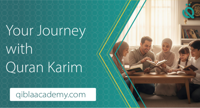 "Online Quran Academy for kids and adults, featuring a family studying Tajweed and Quran Karim - Qibla Academy."