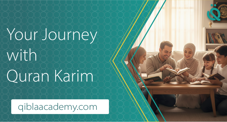 "Online Quran Academy for kids and adults, featuring a family studying Tajweed and Quran Karim - Qibla Academy."