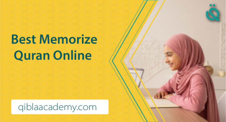 Young girl wearing a hijab studying and memorizing the Quran online, with the text “Best Memorize Quran Online” and the website qiblaacademy.com.