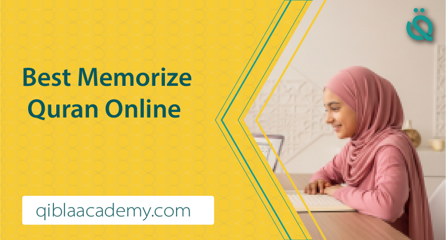 Young girl wearing a hijab studying and memorizing the Quran online, with the text “Best Memorize Quran Online” and the website qiblaacademy.com.