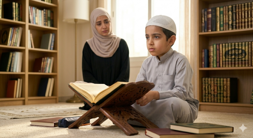 A young Muslim boy wearing a kufi sitting and reading the Quran on a wooden stand in a home library, with his mother watching attentively in the background.