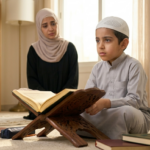 A young Muslim boy wearing a kufi sitting and reading the Quran on a wooden stand in a home library, with his mother watching attentively in the background.