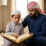 Father teaching his young son to read the Quran from an open Mushaf at home.