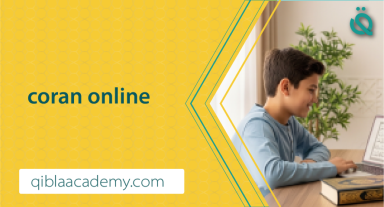 Young boy studying the Quran online on a laptop, with the text “coran online” and the website qiblaacademy.com.