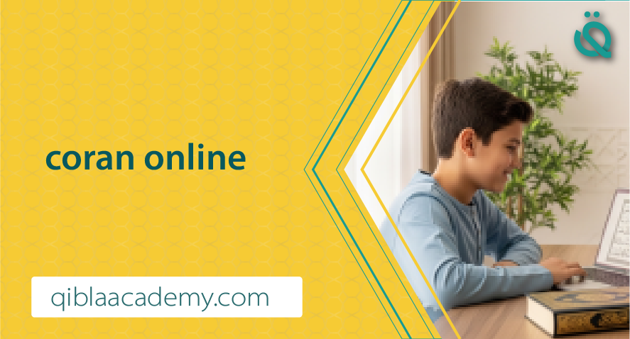 Young boy studying the Quran online on a laptop, with the text “coran online” and the website qiblaacademy.com.