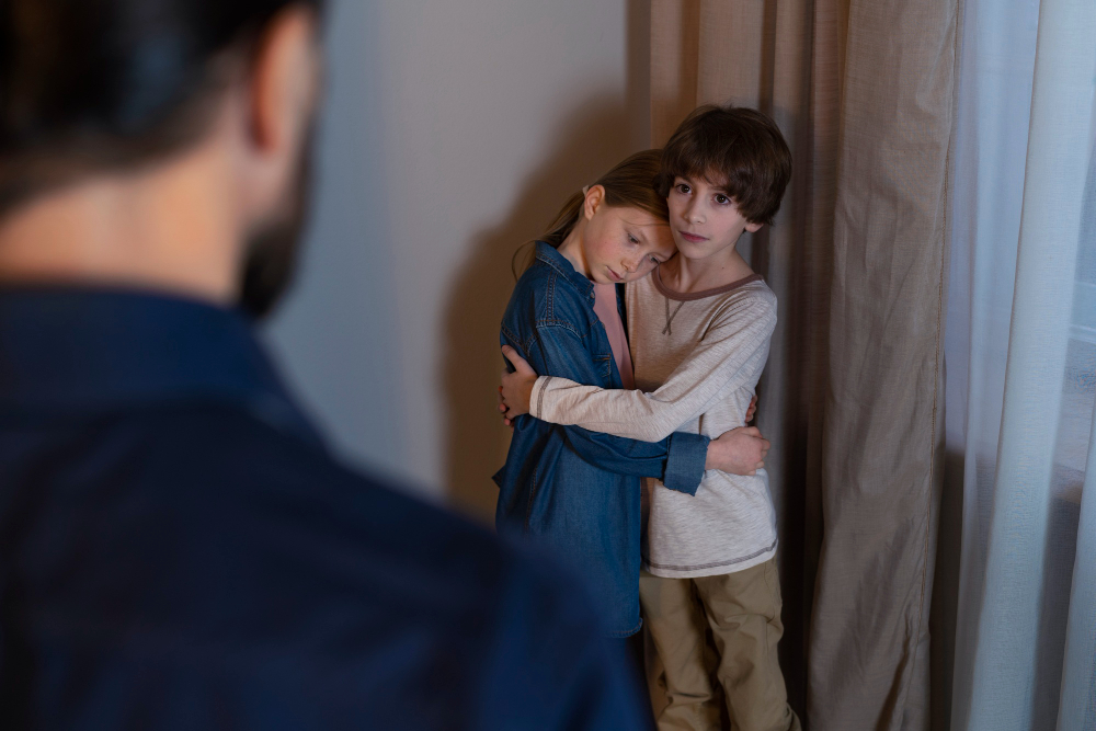 An over-the-shoulder shot of an angry father standing before a frightened young boy hugging his sad sister in a corner.