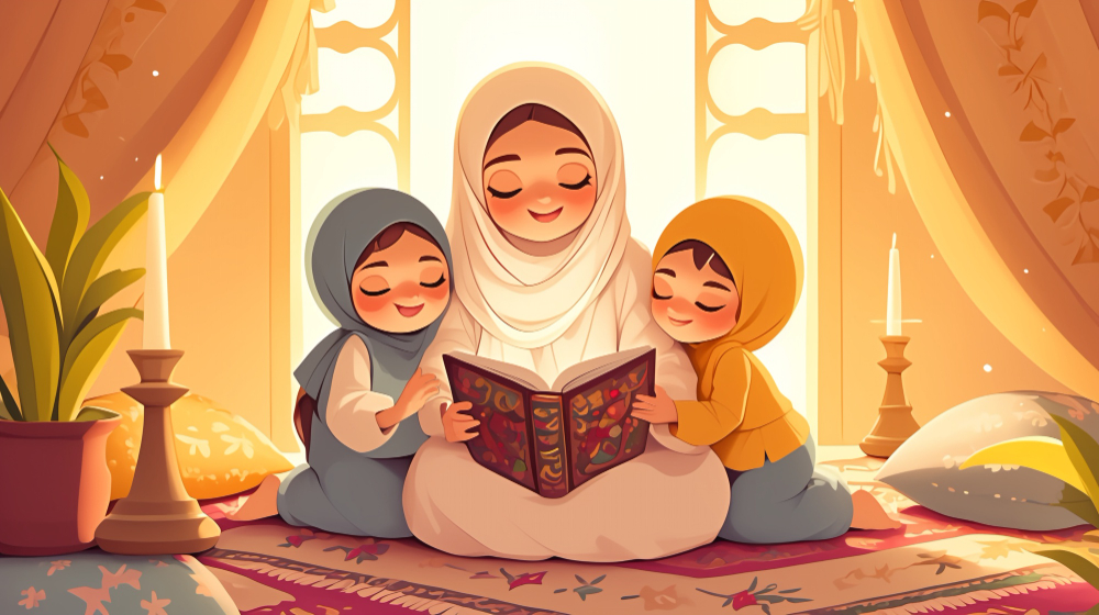 A Muslim mother sitting with her children at home, reviewing and reading the Quran together in a warm and peaceful environment that supports memorization, revision, and long-term Quran retention.