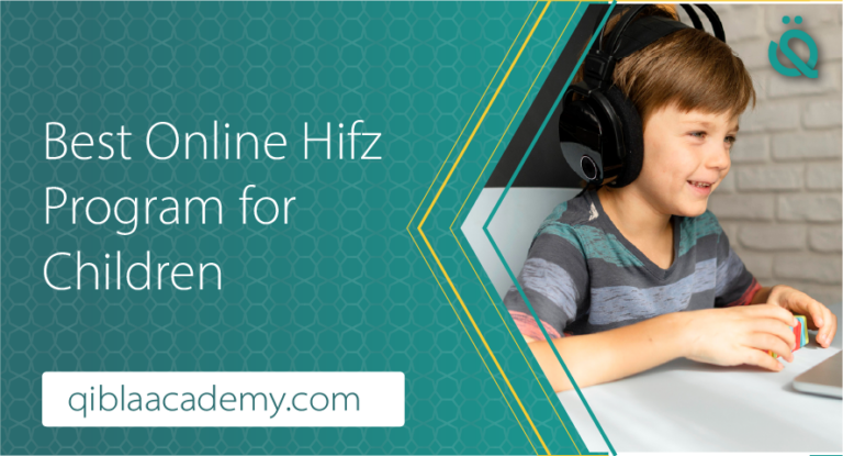 Best Online Hifz Program for Children banner by qibla academy featuring a smiling young boy wearing large black headphones at a laptop desk.