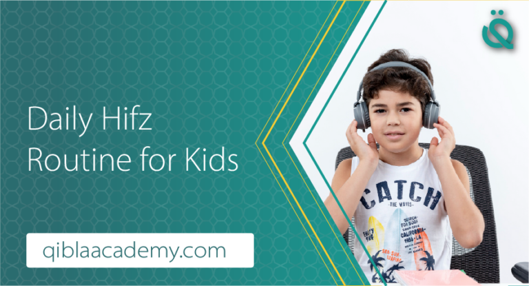 Daily Hifz Routine for Kids banner by qibla academy featuring a young boy wearing grey headphones.