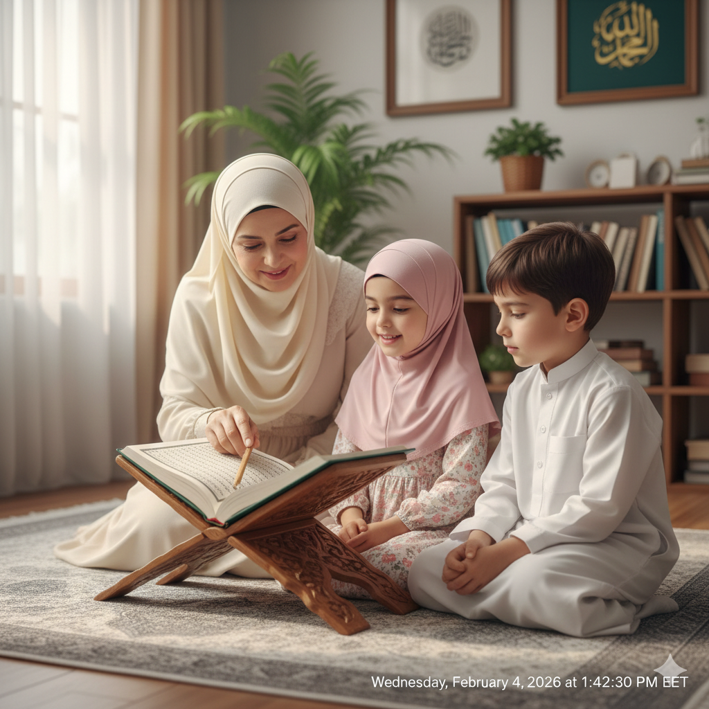 Why Families Leave Unstructured Tutors for Our Course feature image by qibla academy featuring a Muslim mother in a cream hijab using a wooden pointer to teach the Quran to her young daughter and son sitting on a living room carpet.