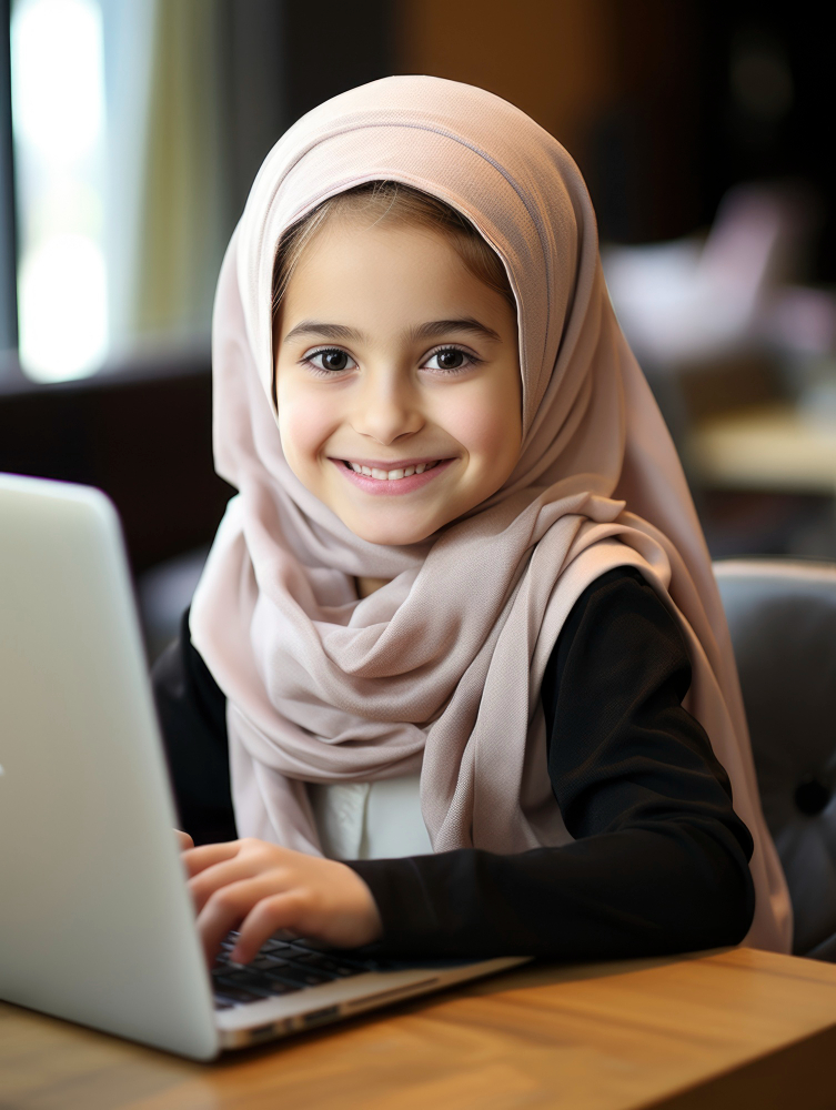 How Long Does It Take a Child to Memorize the Quran feature image by qibla academy featuring a smiling young Muslim girl in a pink hijab using a laptop.