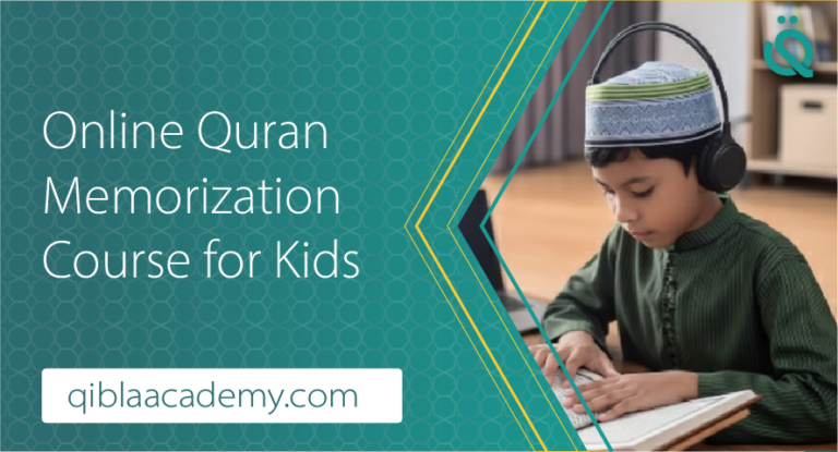 Online Quran Memorization Course for Kids banner by qibla academy featuring a young Muslim boy wearing a kufi and headphones while studying on a laptop at home.