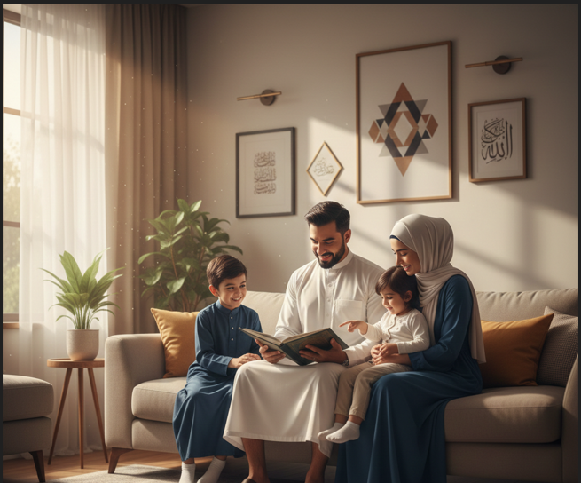 Why Families Choose Qibla Academy feature image featuring a Muslim family with a father, mother, and their two young children sitting on a living room sofa and smiling while reading a book together.
