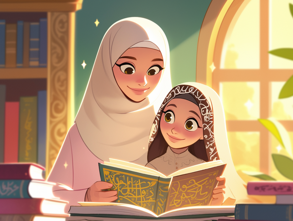 A cartoon illustration of a smiling Muslim mother in a hijab and her young daughter reading the Holy Quran together at a desk.
