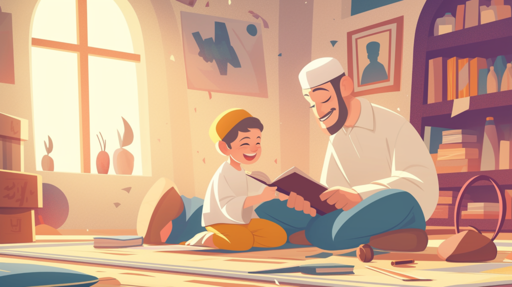 A child learns the Holy Quran with his father in the early morning